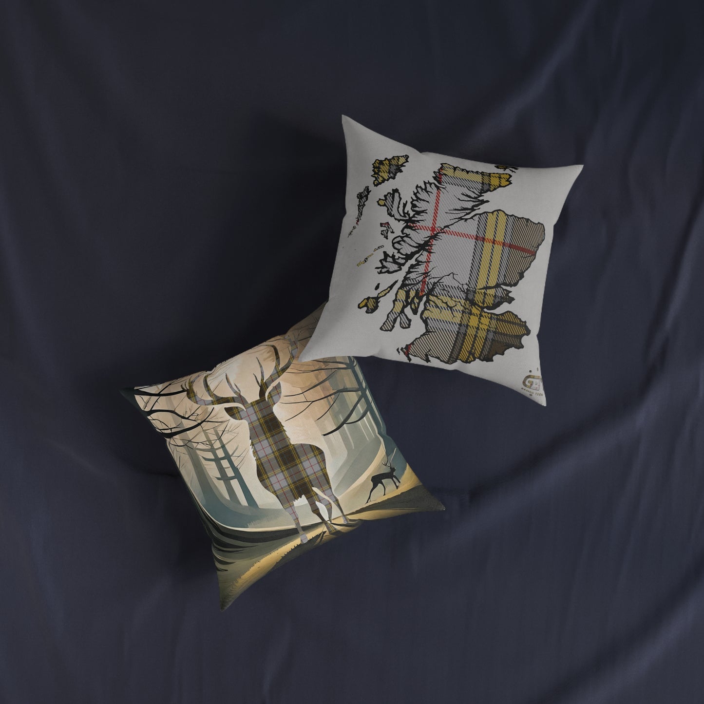 Coussin Carré Réversible : Carte Cerf / Ecosse - Buchanan Tartan, Différentes Tailles