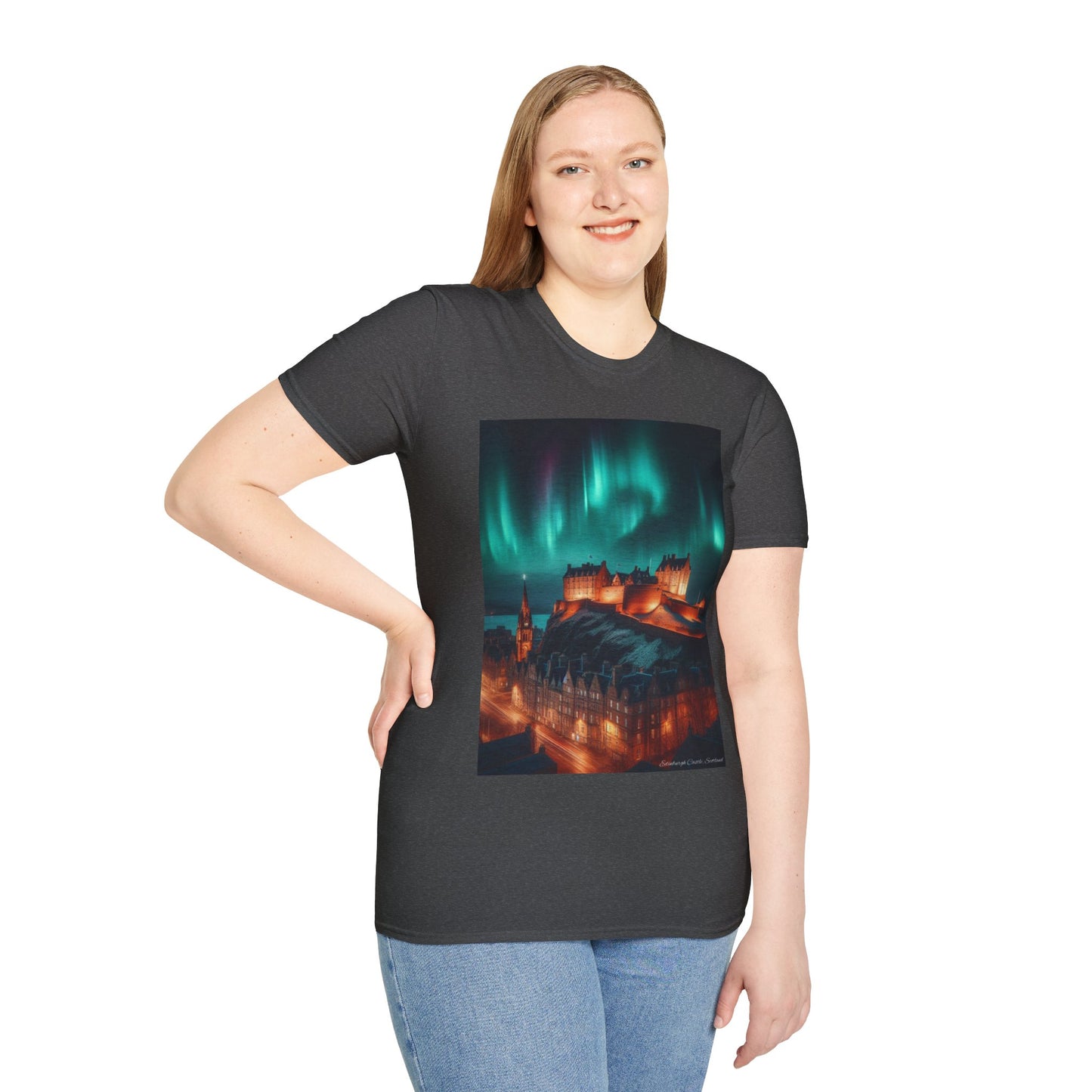 Edinburgh Castle with Northern Lights Softstyle Unisex T-Shirt, Scotland Tee