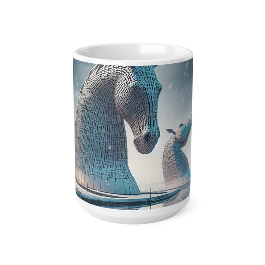 Kelpies in Winter Mug, Monuments écossais, Art écossais, Tasse à café, Tasse à thé, Blanc