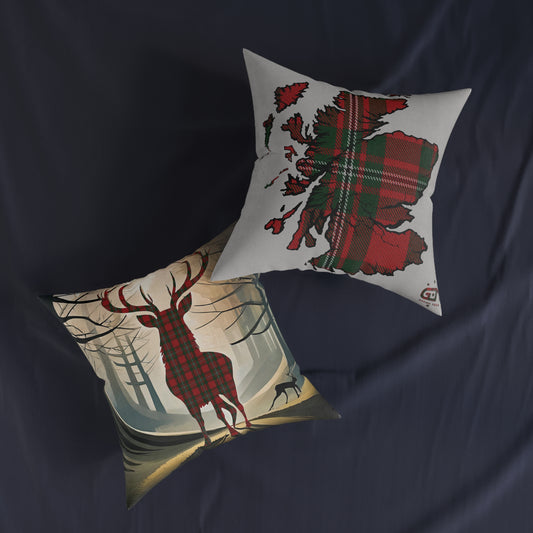 Coussin Carré Réversible : Carte Cerf / Ecosse - MacGregor Tartan, Différentes Tailles