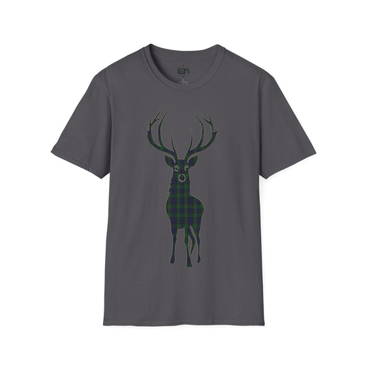 Tartan Stag Softstyle T-Shirt - Black Watch Tartan, Tee Unisex, Paysage écossais, Différentes couleurs