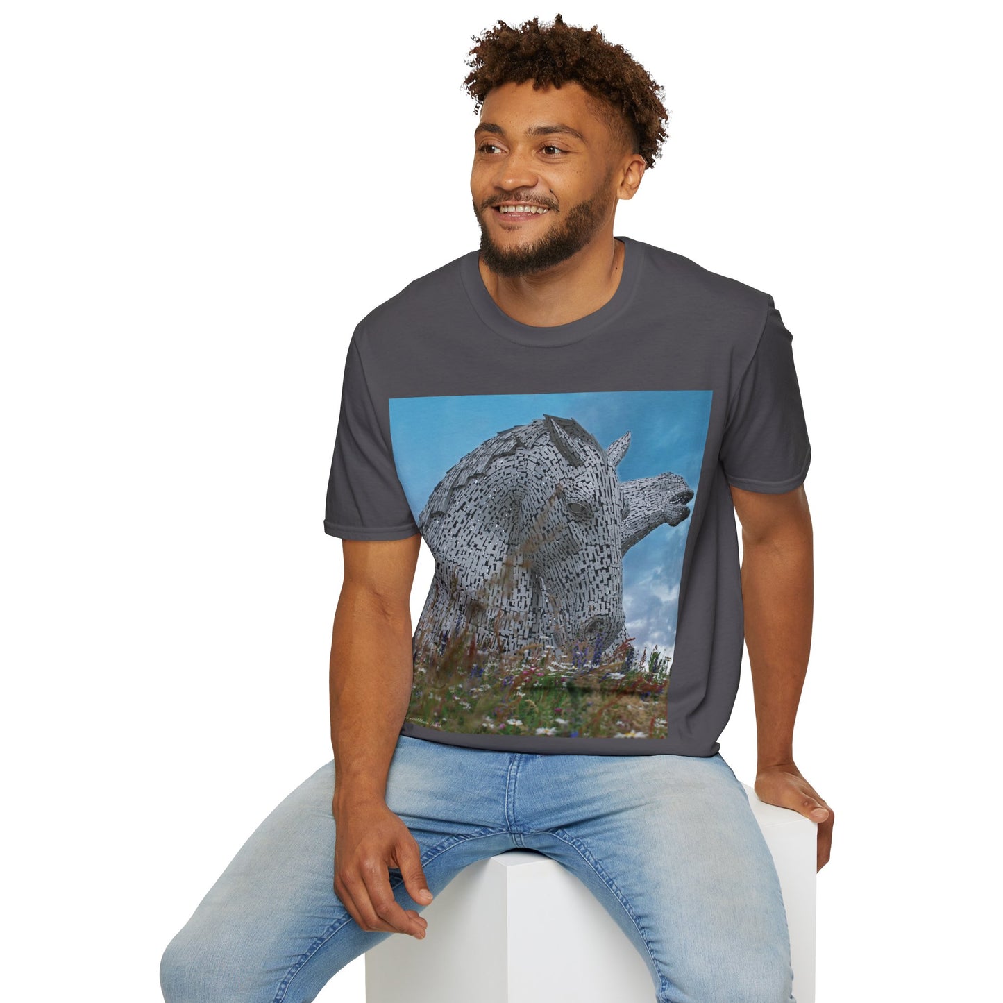 تي شيرت Kelpies with Meadow Photo Softstyle، تي شيرت للجنسين، معالم اسكتلندية، ألوان مختلفة