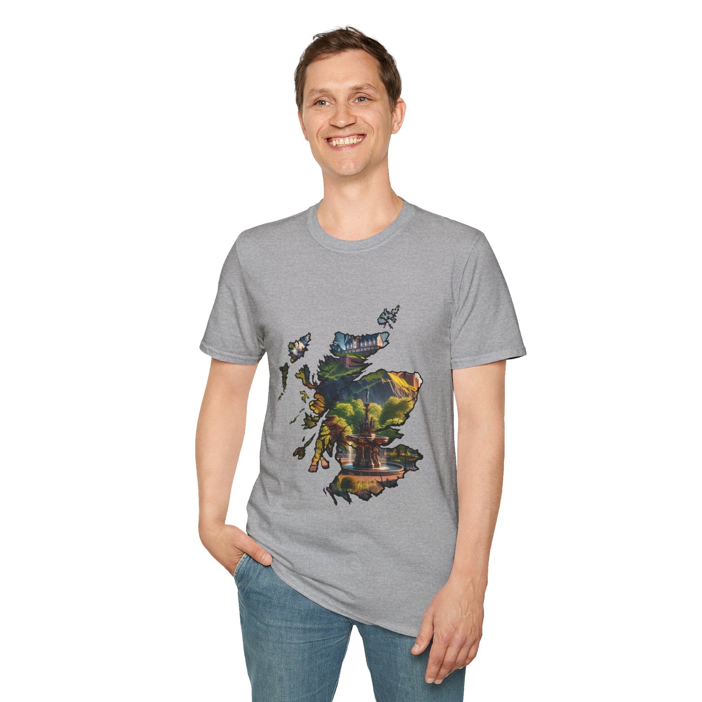 Edinburgh Castle with Fountain Scotland Map Softstyle Unisex T-Shirt, Scotland Shirt, Scottish Landmark Tee