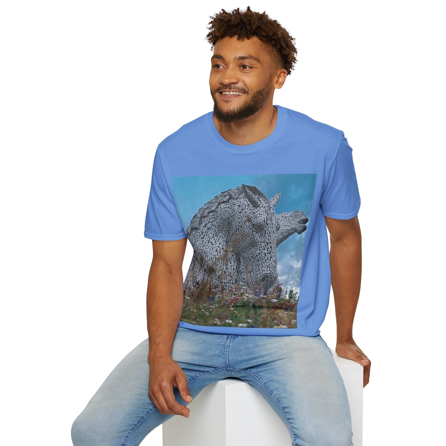 تي شيرت Kelpies with Meadow Photo Softstyle، تي شيرت للجنسين، معالم اسكتلندية، ألوان مختلفة