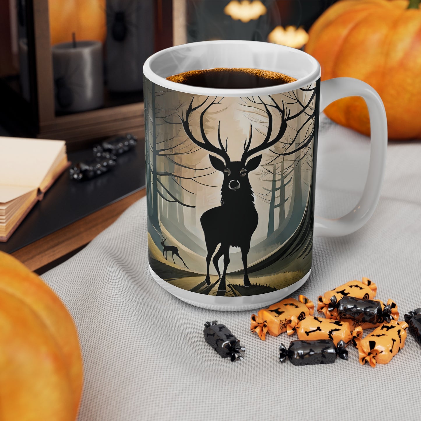 Stag Silhouette Woodland Scene Mug, Tasse à café, Tasse à thé, Écosse, Blanc