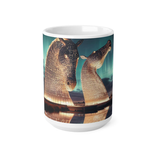 Kelpies Northern Lights Mug, Tasse à café, Tasse à thé, Art écossais, Monuments écossais, Nature écossaise, Blanc