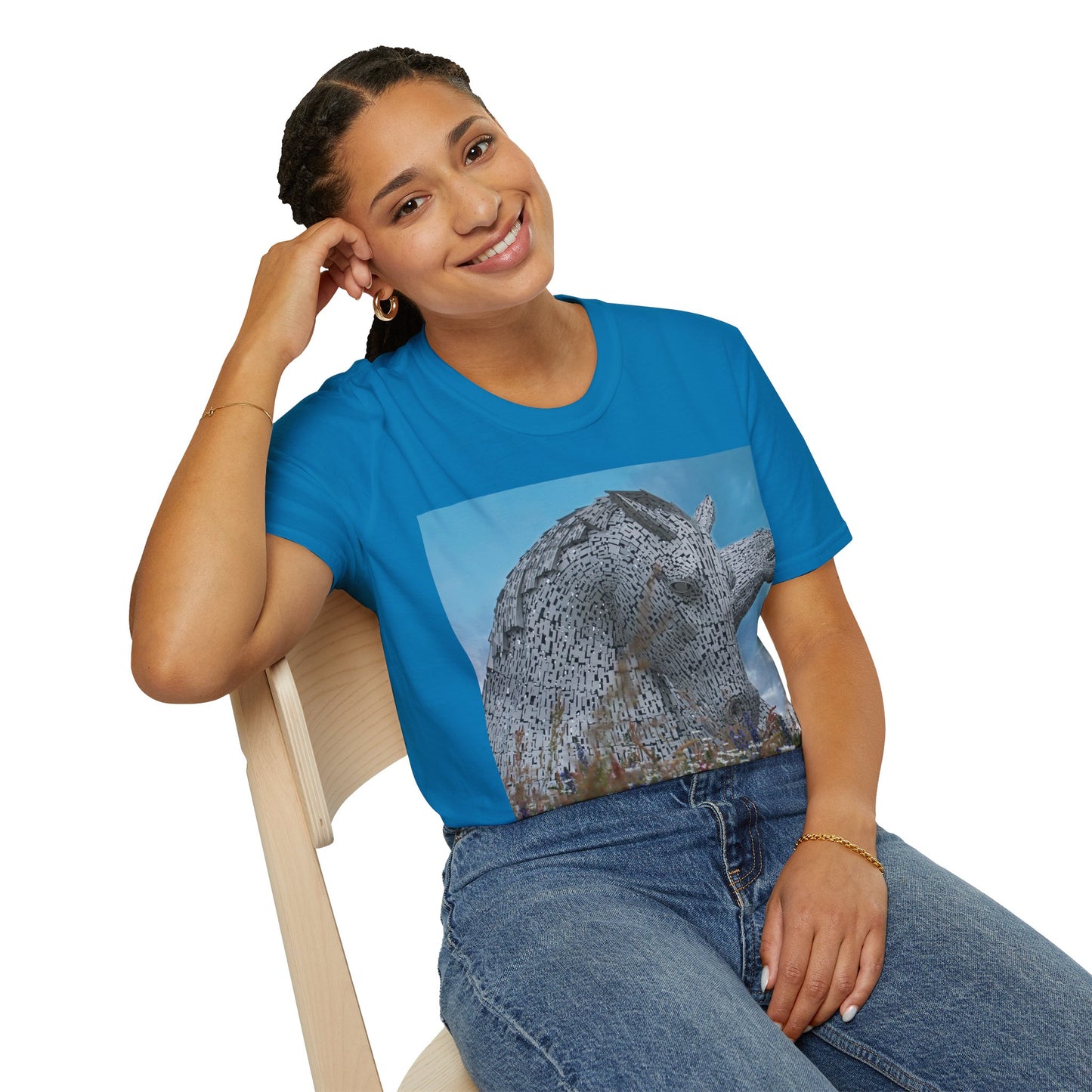 تي شيرت Kelpies with Meadow Photo Softstyle، تي شيرت للجنسين، معالم اسكتلندية، ألوان مختلفة