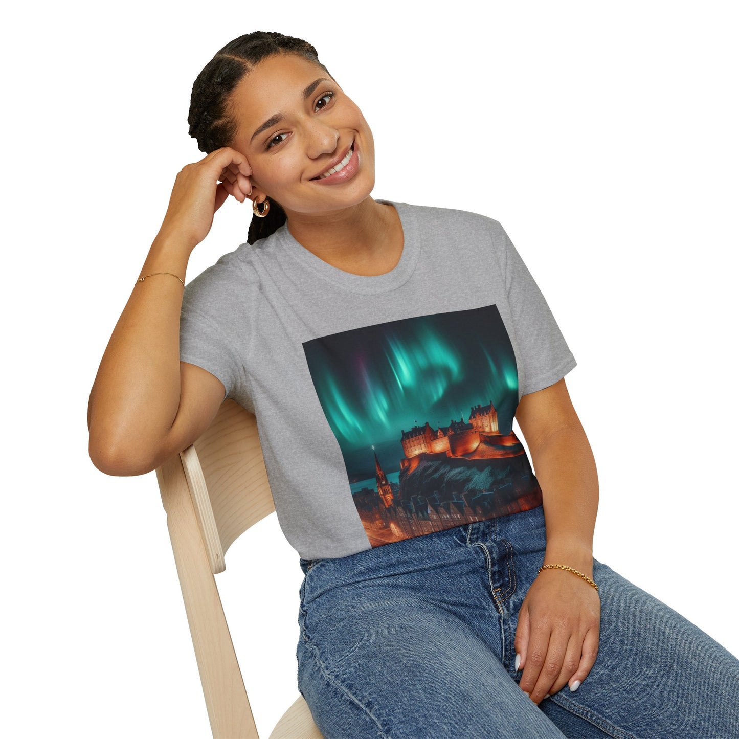 Edinburgh Castle with Northern Lights Softstyle Unisex T-Shirt, Scotland Tee