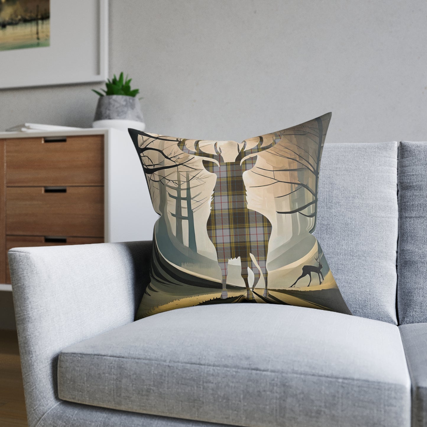 Coussin Carré Réversible : Carte Cerf / Ecosse - Buchanan Tartan, Différentes Tailles