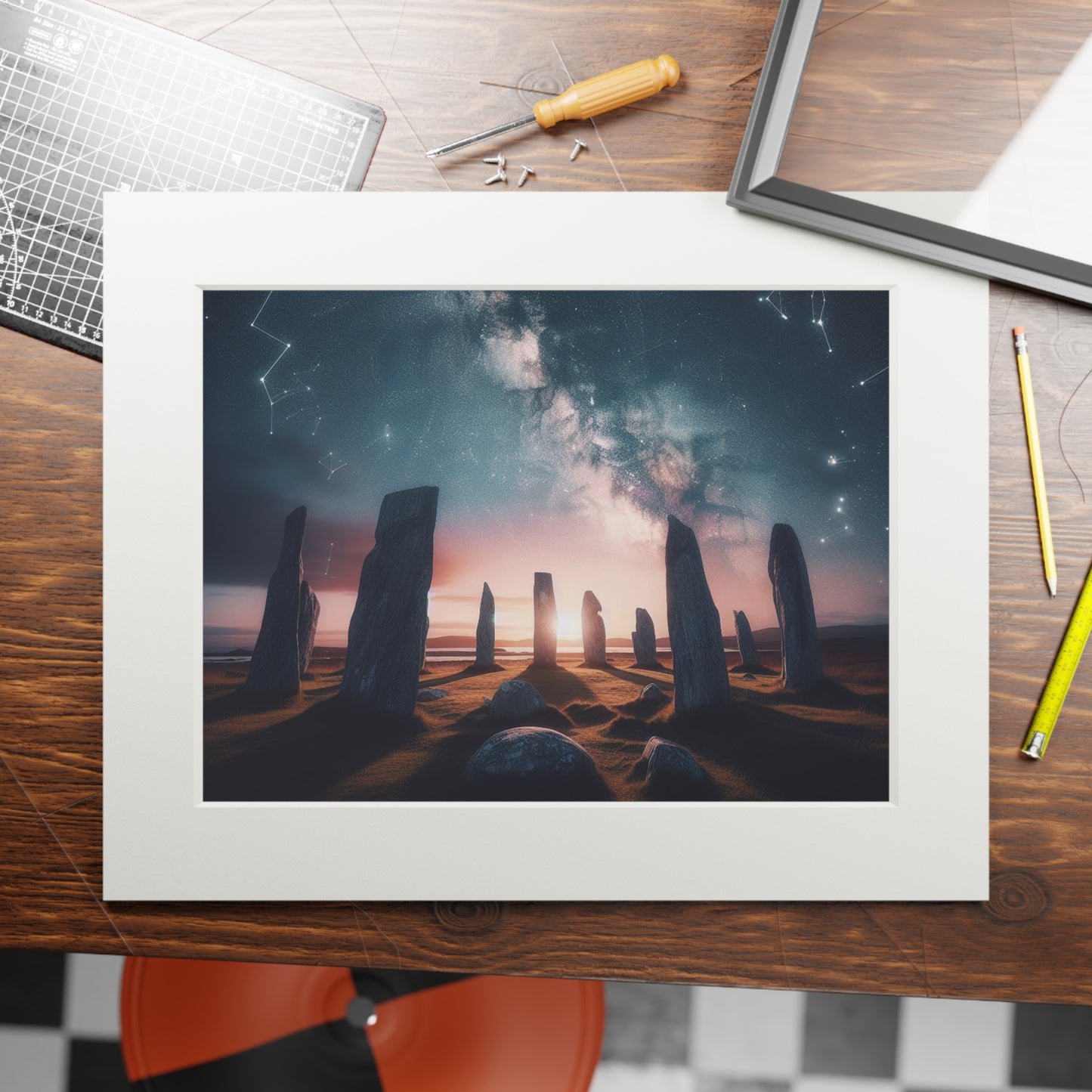 طباعة الفنون الجميلة للأحجار الدائمة من Callanish، الفن الاسكتلندي، إطار ورقي، أحجام مختلفة، أفقي