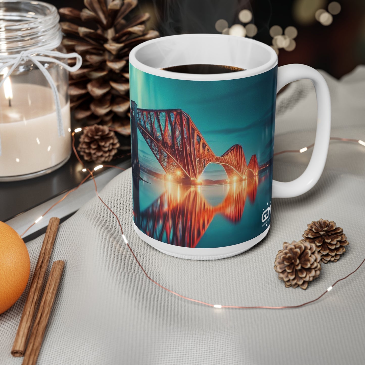 Forth Rail Bridge Northern Lights Mug, Tasse à café, Tasse à thé, Art écossais, Monuments écossais, Nature écossaise, Blanc