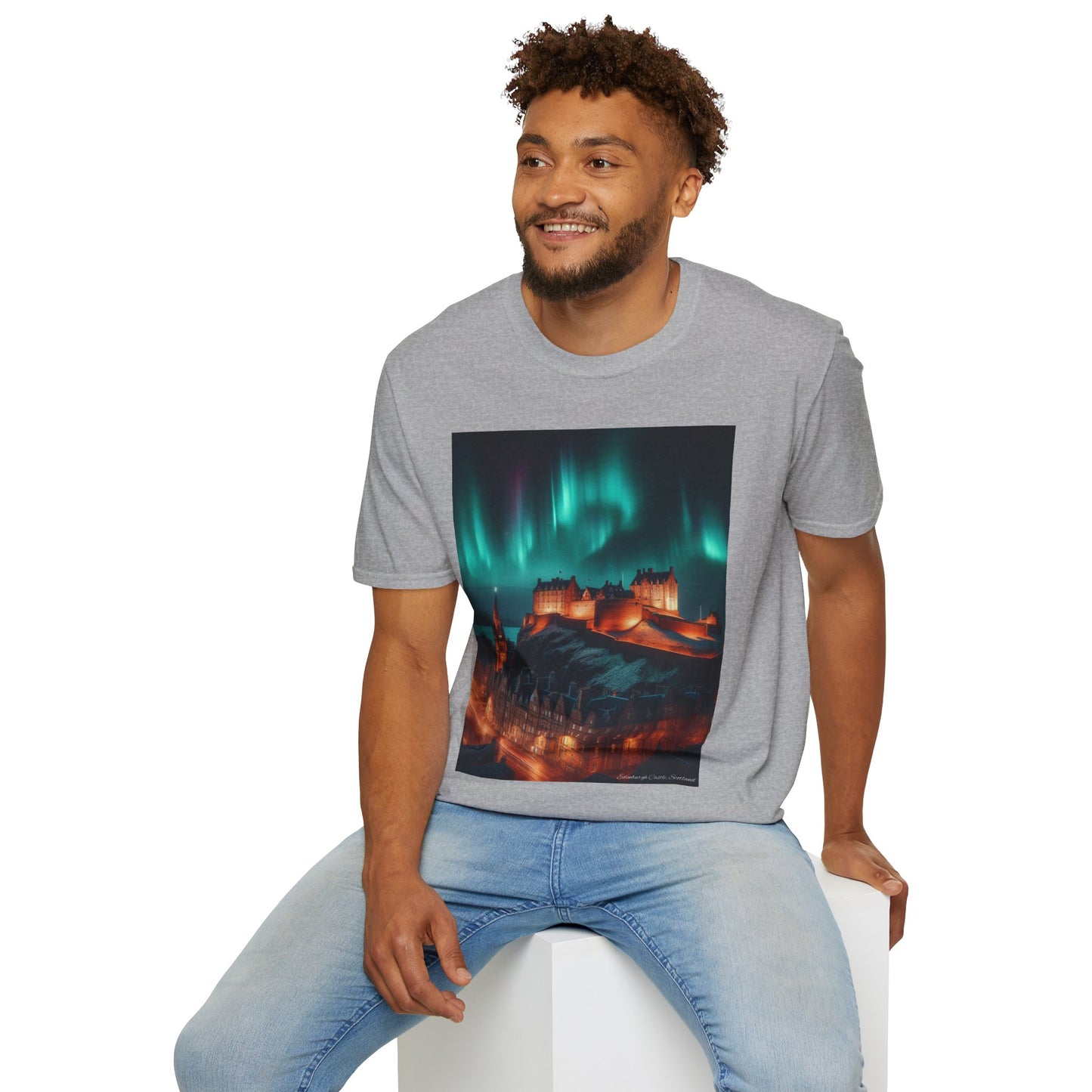Edinburgh Castle with Northern Lights Softstyle Unisex T-Shirt, Scotland Tee