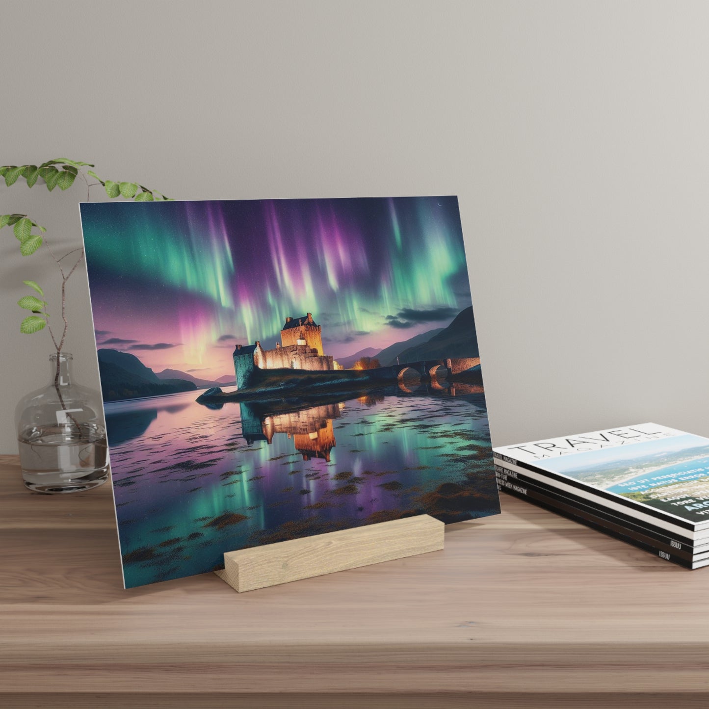 Eilean Donan Castle Northern Lights Gallery Stand, Oak Picture Stand, Scotland Art, Scenery, Landmarks, Various Sizes