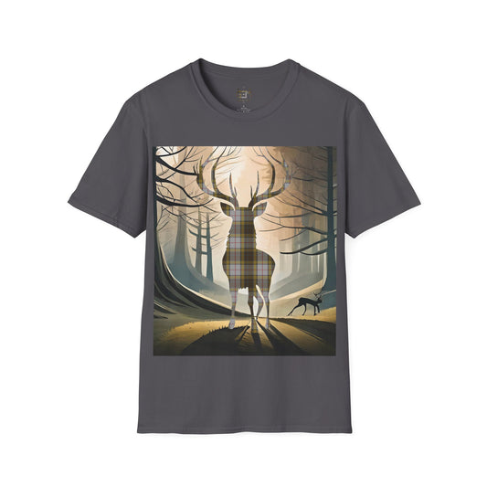 Stag Tartan Silhouette Softstyle T-Shirt - Buchanan Tartan, Tee Unisex, Paysage écossais, Différentes couleurs