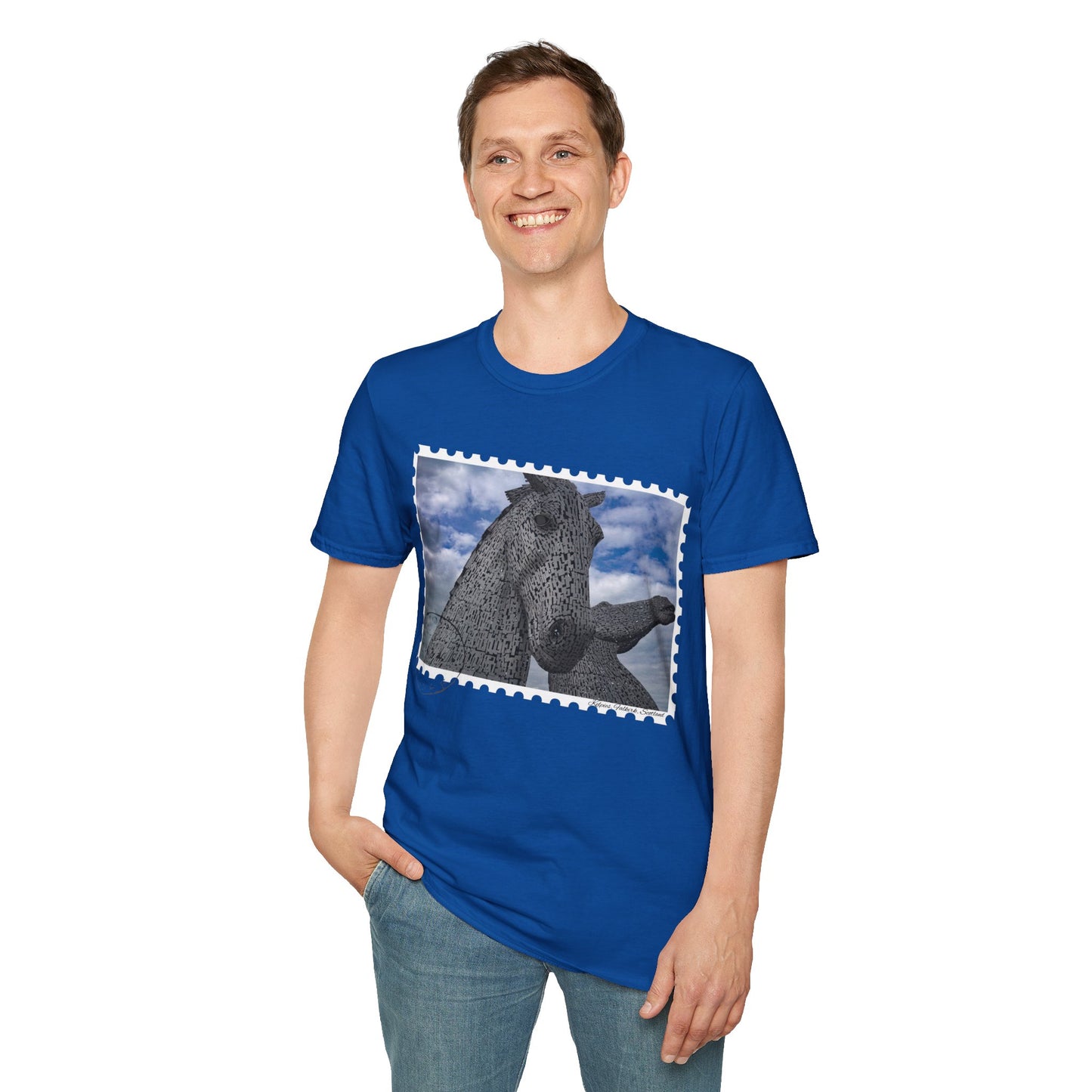 تي شيرت Postcard Kelpies Photo Softstyle، تي شيرت للجنسين، قميص اسكتلندا، ألوان مختلفة
