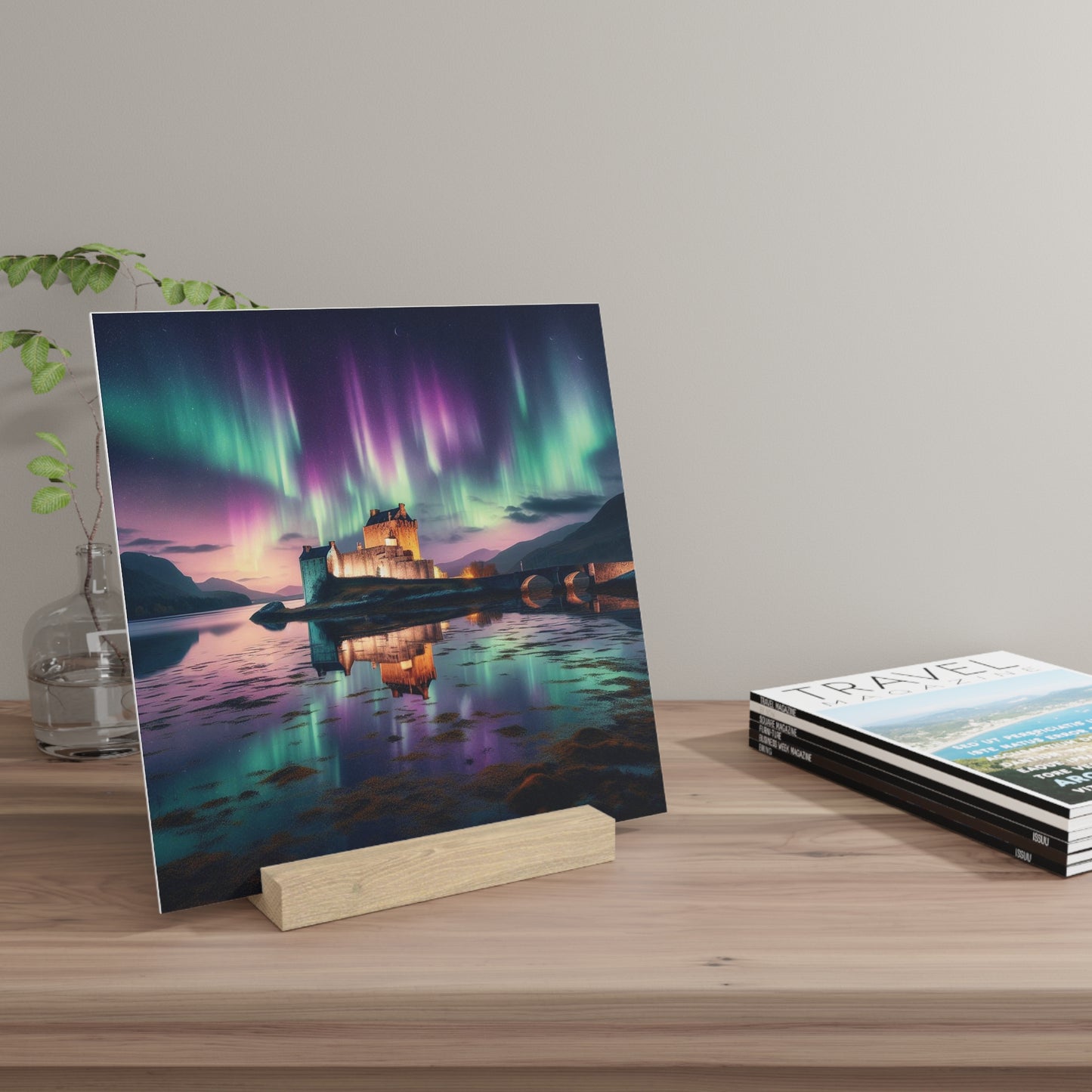Eilean Donan Castle Northern Lights Gallery Stand, Oak Picture Stand, Scotland Art, Scenery, Landmarks, Various Sizes