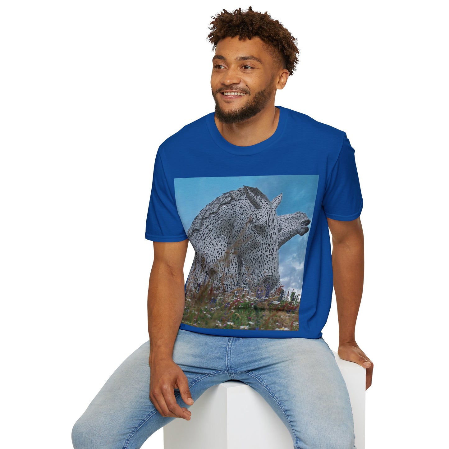 تي شيرت Kelpies with Meadow Photo Softstyle، تي شيرت للجنسين، معالم اسكتلندية، ألوان مختلفة