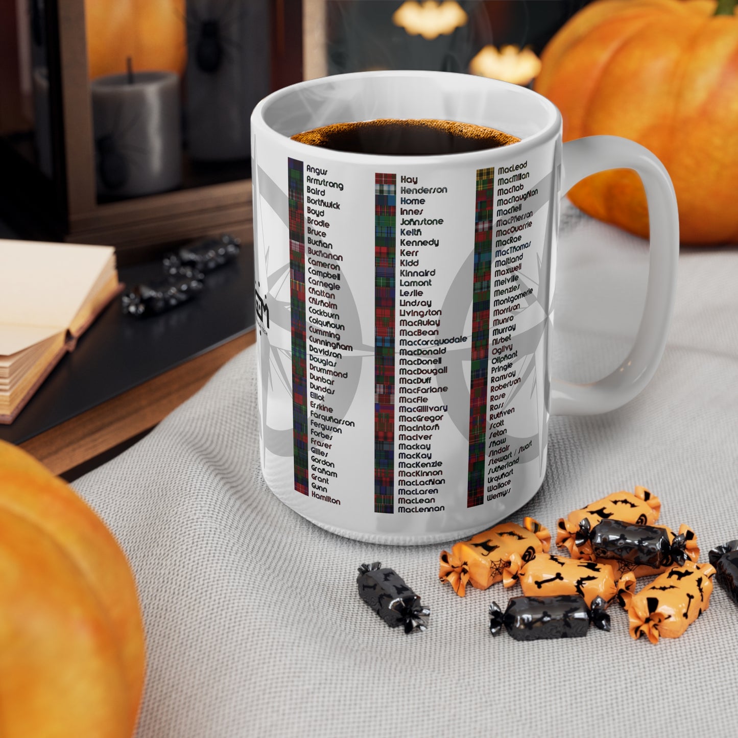 كوب ترتان لخريطة اسكتلندا للعشائر، كوب قهوة، كوب شاي، أبيض