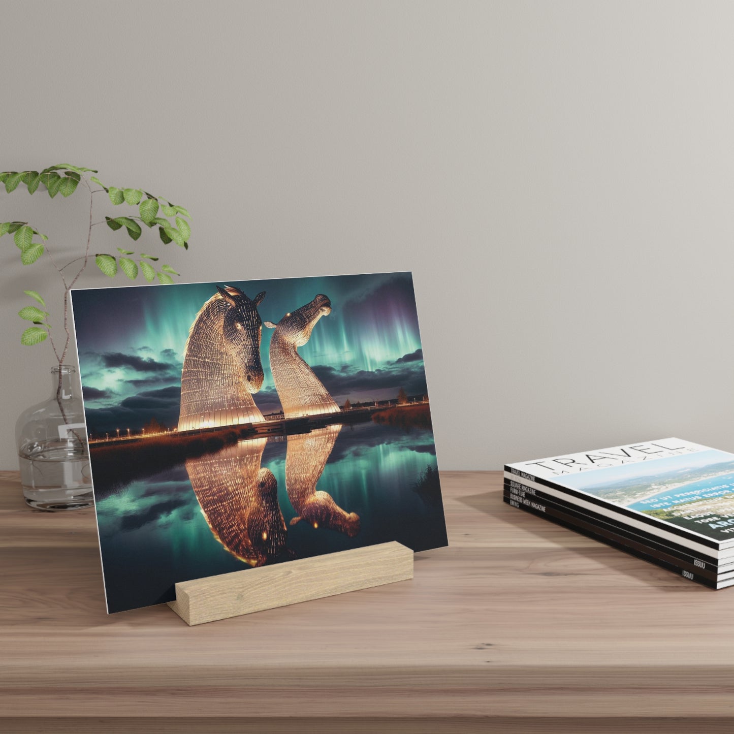 Kelpies Northern Lights Gallery Stand, Oak Picture Stand, Scotland Art, Scenery, Landmarks, Various Sizes