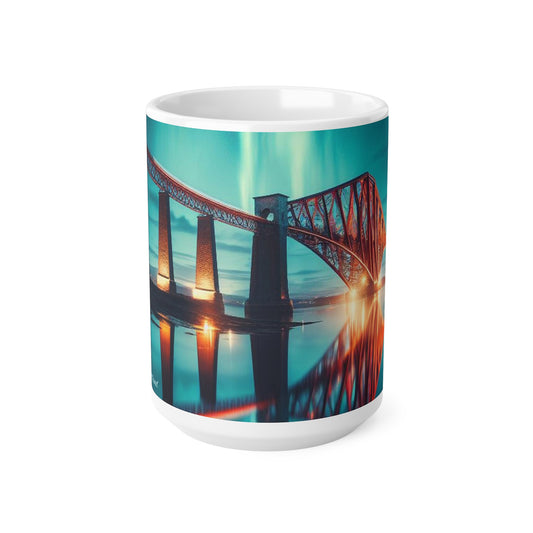 Forth Rail Bridge Northern Lights Mug, Tasse à café, Tasse à thé, Art écossais, Monuments écossais, Nature écossaise, Blanc