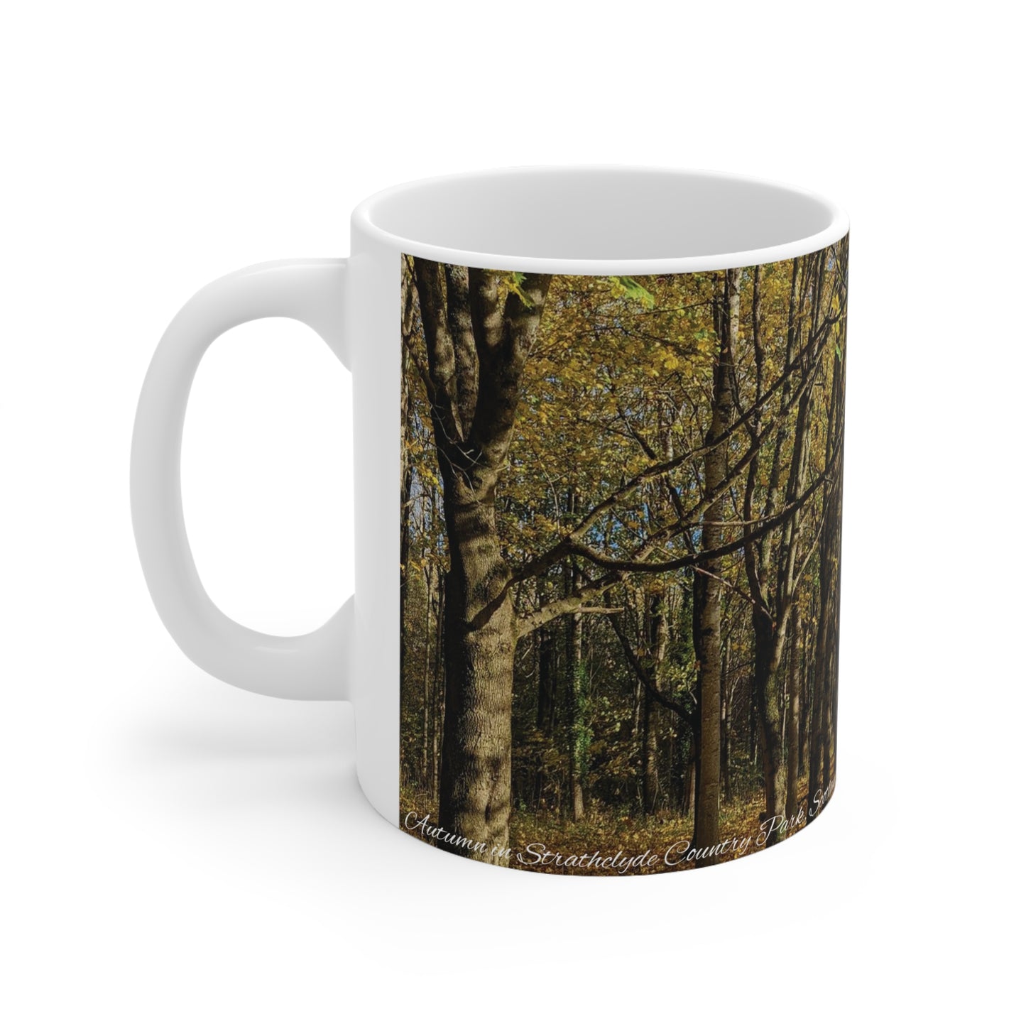 Automne en Écosse Photo Mug, Tasse à café, Tasse à thé, Art écossais, Parcs écossais, Strathclyde Country Park, Nature, Blanc