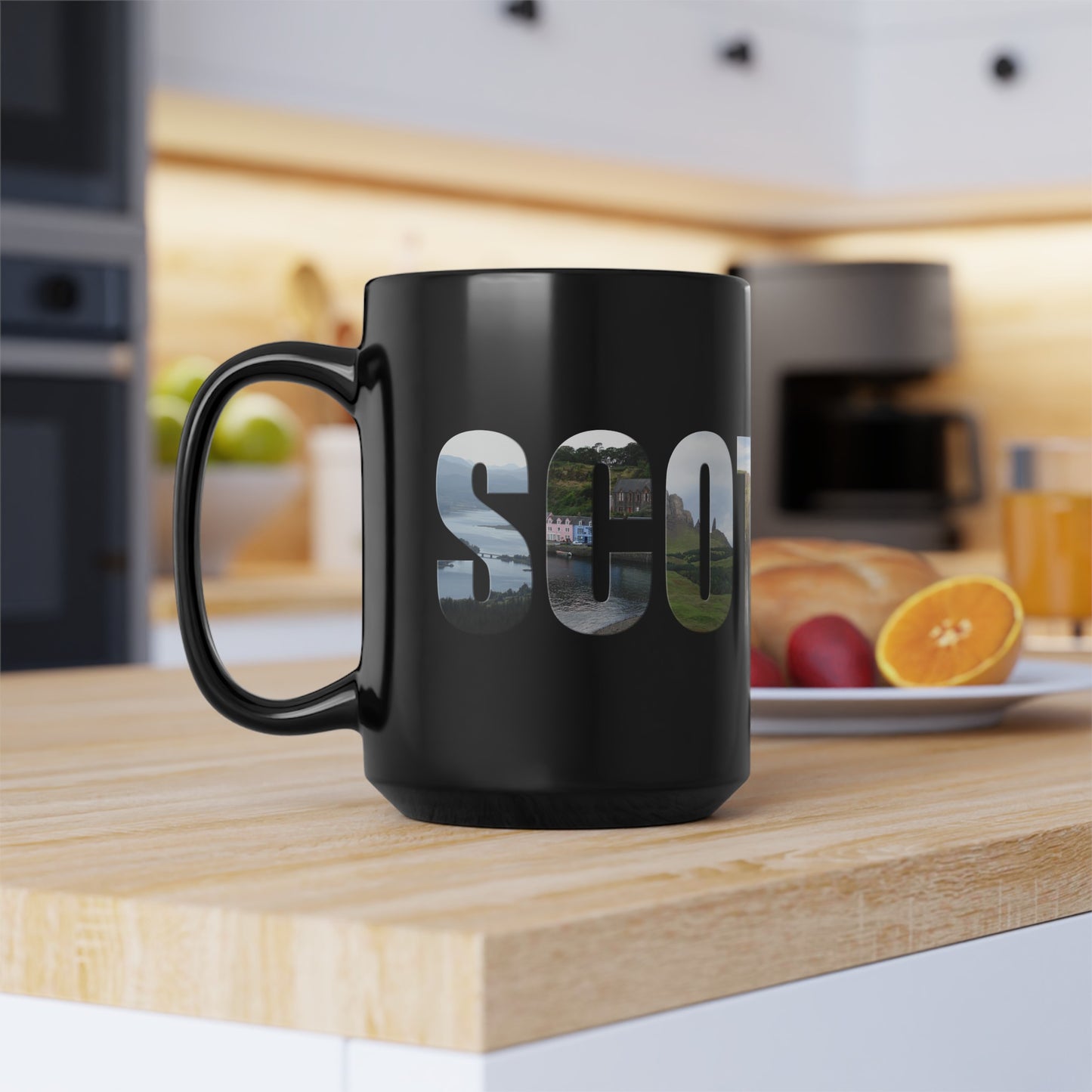 كوب صور اسكتلندا، فنجان القهوة، فنجان الشاي، الفن الاسكتلندي، المعالم الاسكتلندية، الطبيعة الاسكتلندية، أسود