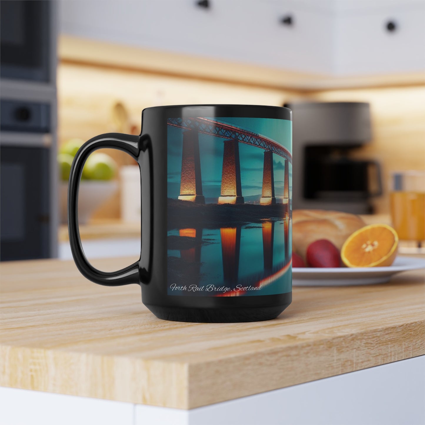 كوب فورث ريل بريدج نورثرن لايتس، فنجان قهوة، فنجان شاي، فن اسكتلندي، معالم اسكتلندية، طبيعة اسكتلندية، أسود