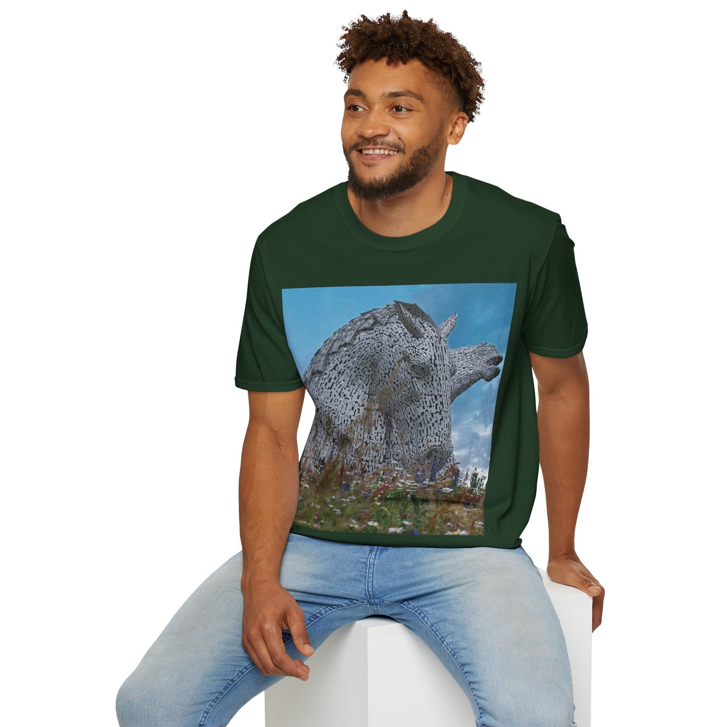 تي شيرت Kelpies with Meadow Photo Softstyle، تي شيرت للجنسين، معالم اسكتلندية، ألوان مختلفة
