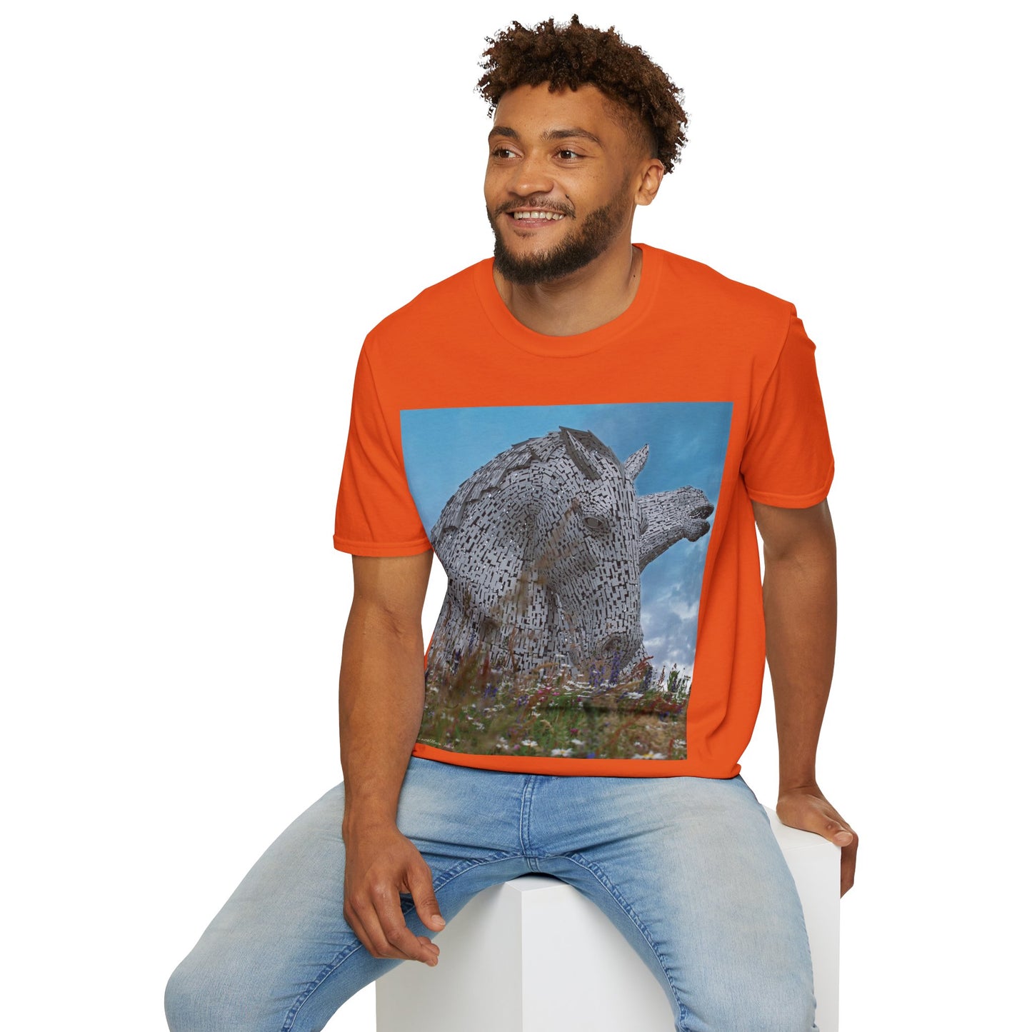 تي شيرت Kelpies with Meadow Photo Softstyle، تي شيرت للجنسين، معالم اسكتلندية، ألوان مختلفة