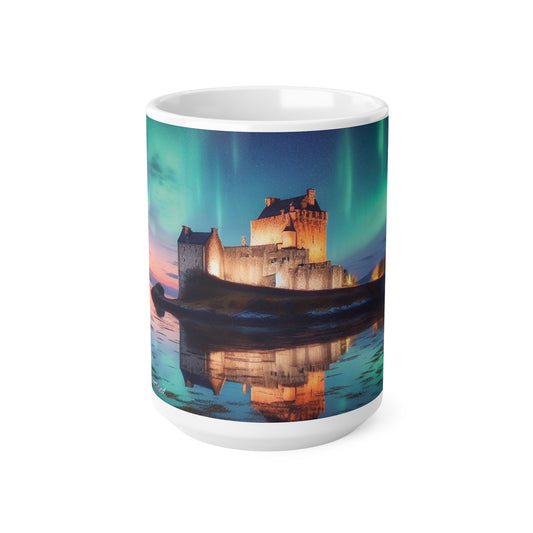 Eilean Donan Castle Northern Lights Mug, Coffee Cup, Tea Cup, Scottish Art, Scottish Landmarks, Scottish Nature, White