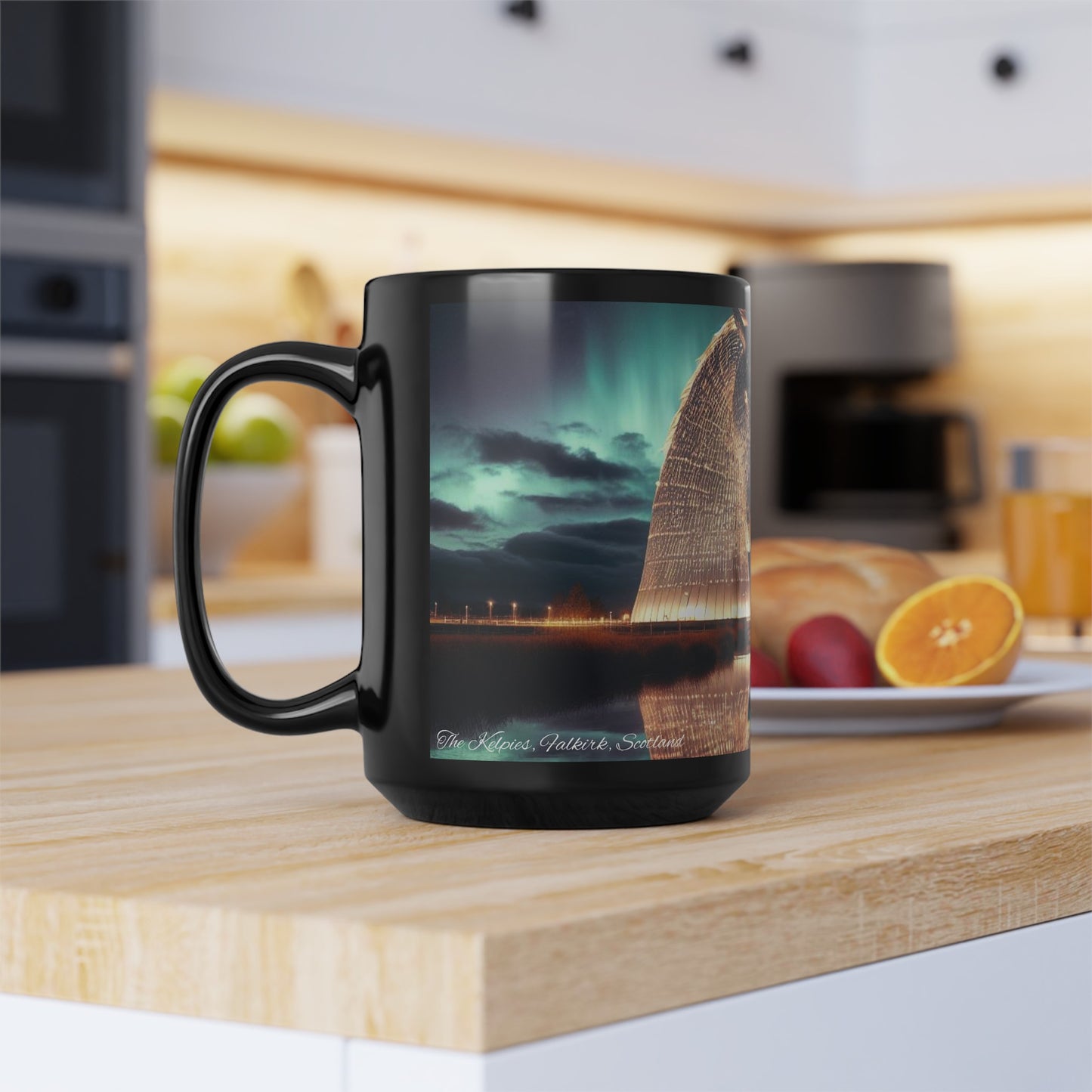 كوب Kelpies Northern Lights، فنجان قهوة، فنجان شاي، الفن الاسكتلندي، المعالم الاسكتلندية، الطبيعة الاسكتلندية، أسود