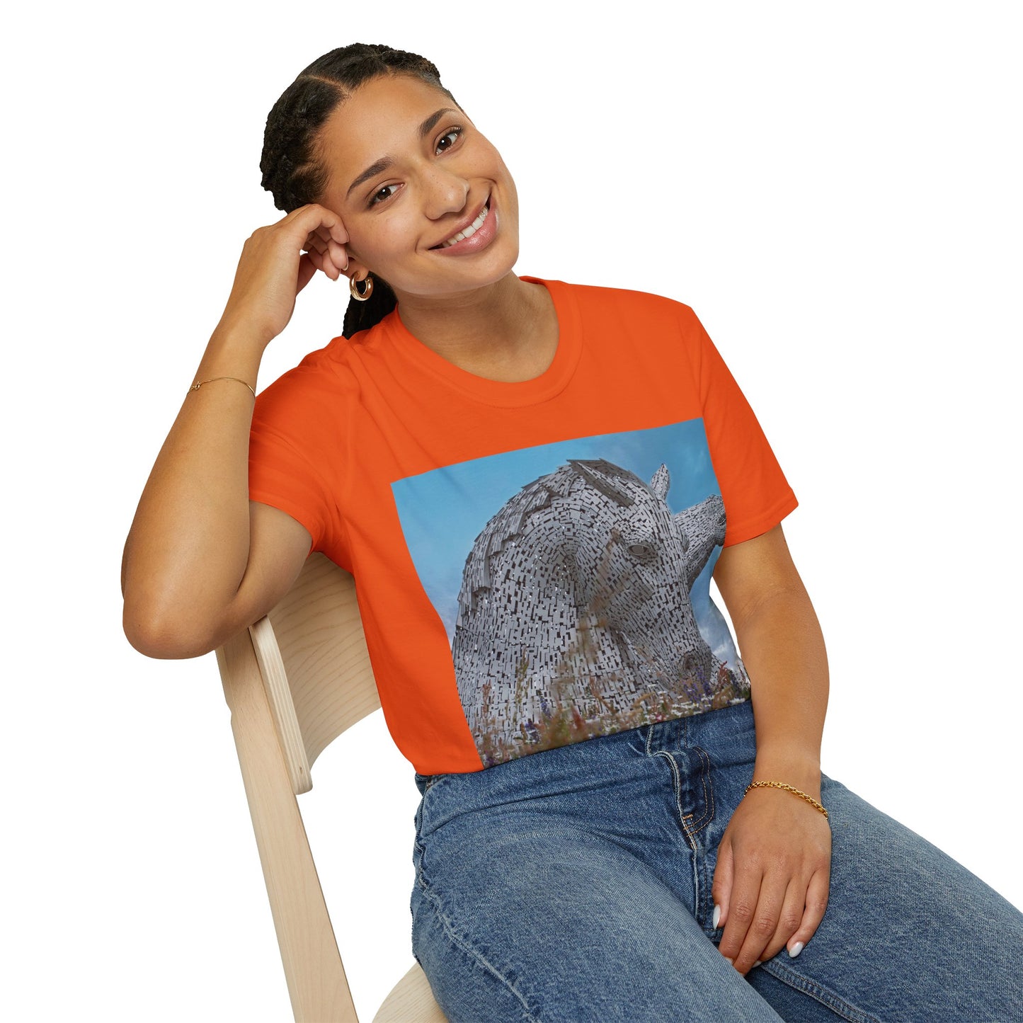 تي شيرت Kelpies with Meadow Photo Softstyle، تي شيرت للجنسين، معالم اسكتلندية، ألوان مختلفة