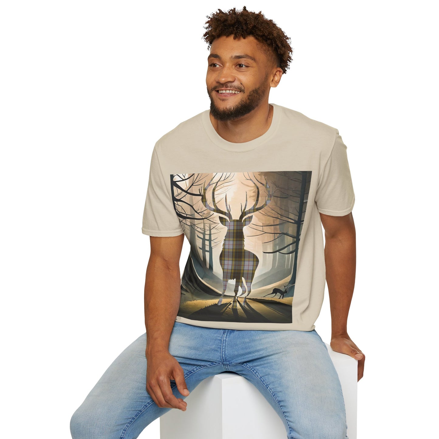 Stag Tartan Silhouette Softstyle T-Shirt - Buchanan Tartan, Tee Unisex, Paysage écossais, Différentes couleurs