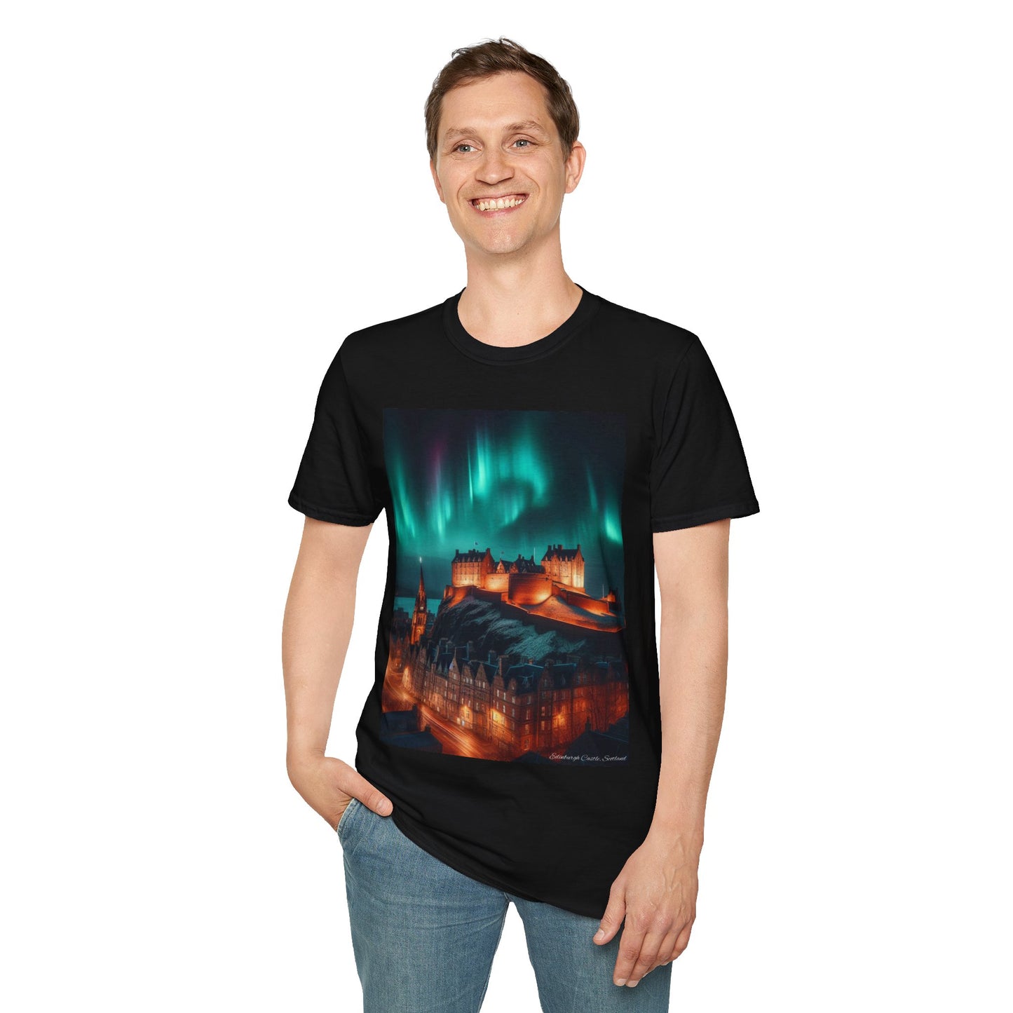 Edinburgh Castle with Northern Lights Softstyle Unisex T-Shirt, Scotland Tee