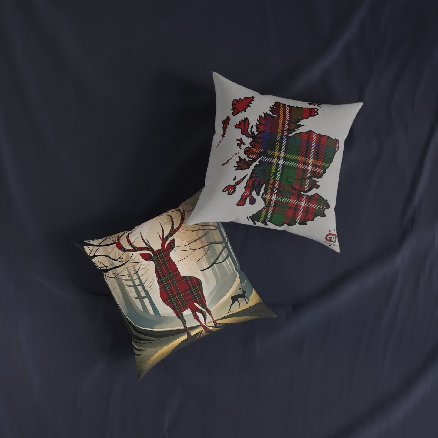 Coussin Carré Réversible : Carte Cerf / Ecosse - Stewart Royal Tartan, Différentes Tailles