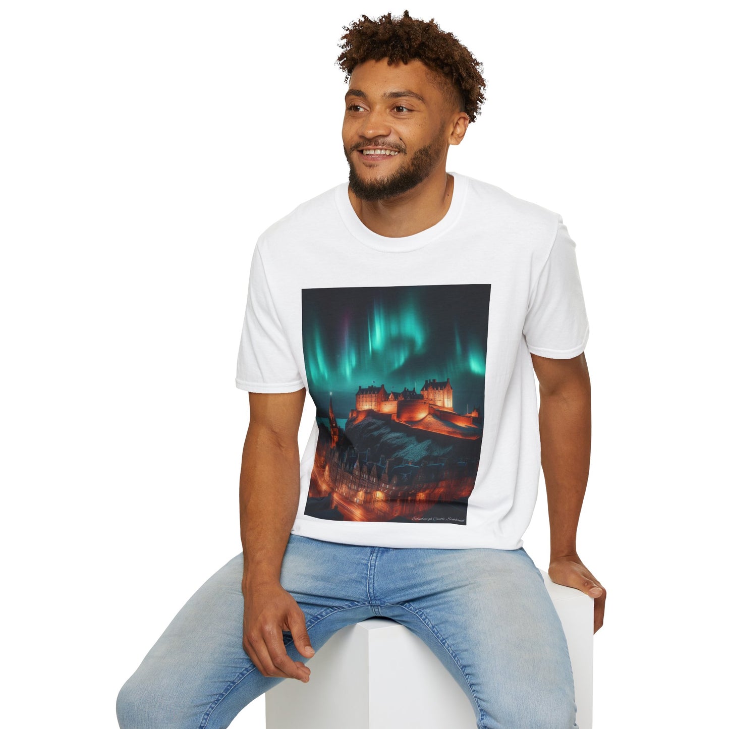 Edinburgh Castle with Northern Lights Softstyle Unisex T-Shirt, Scotland Tee