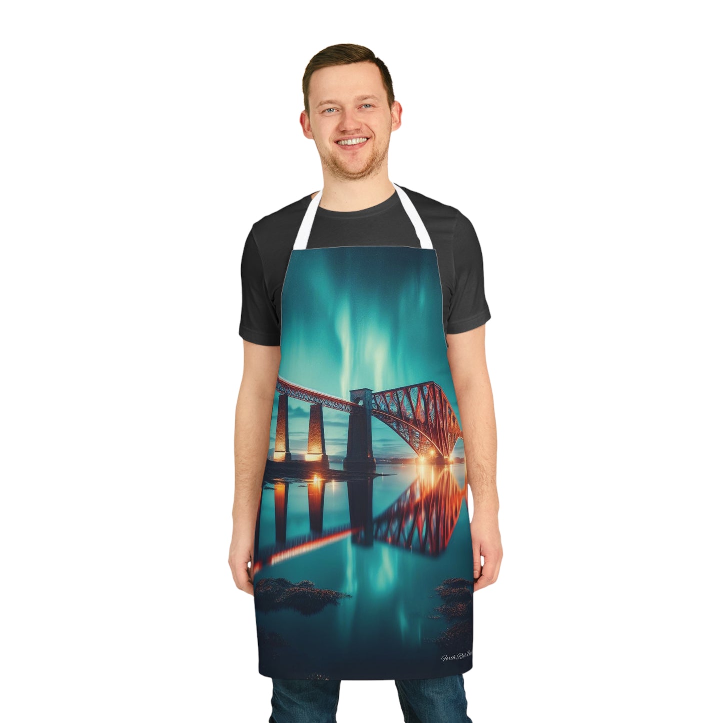 Forth Rail Bridge Northern Lights Tablier, Art écossais, Monuments écossais, Nature écossaise, Vêtements de cuisine, Accessoire de chef