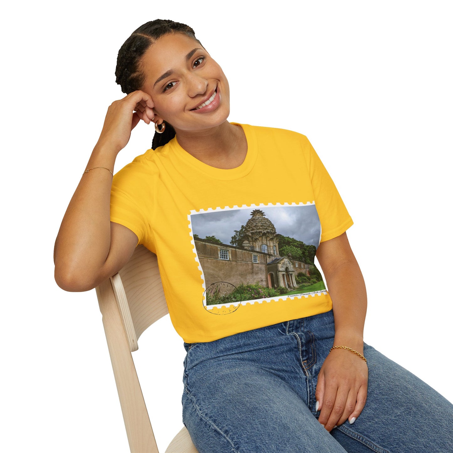 تي شيرت Postcard Dunmore Pineapple Photo Softstyle، تي شيرت للجنسين، قميص اسكتلندا، ألوان مختلفة