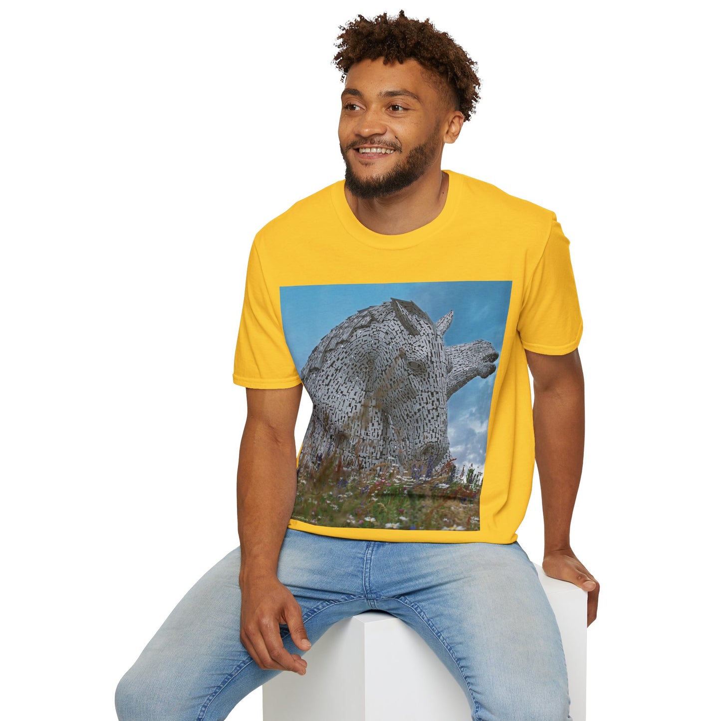تي شيرت Kelpies with Meadow Photo Softstyle، تي شيرت للجنسين، معالم اسكتلندية، ألوان مختلفة