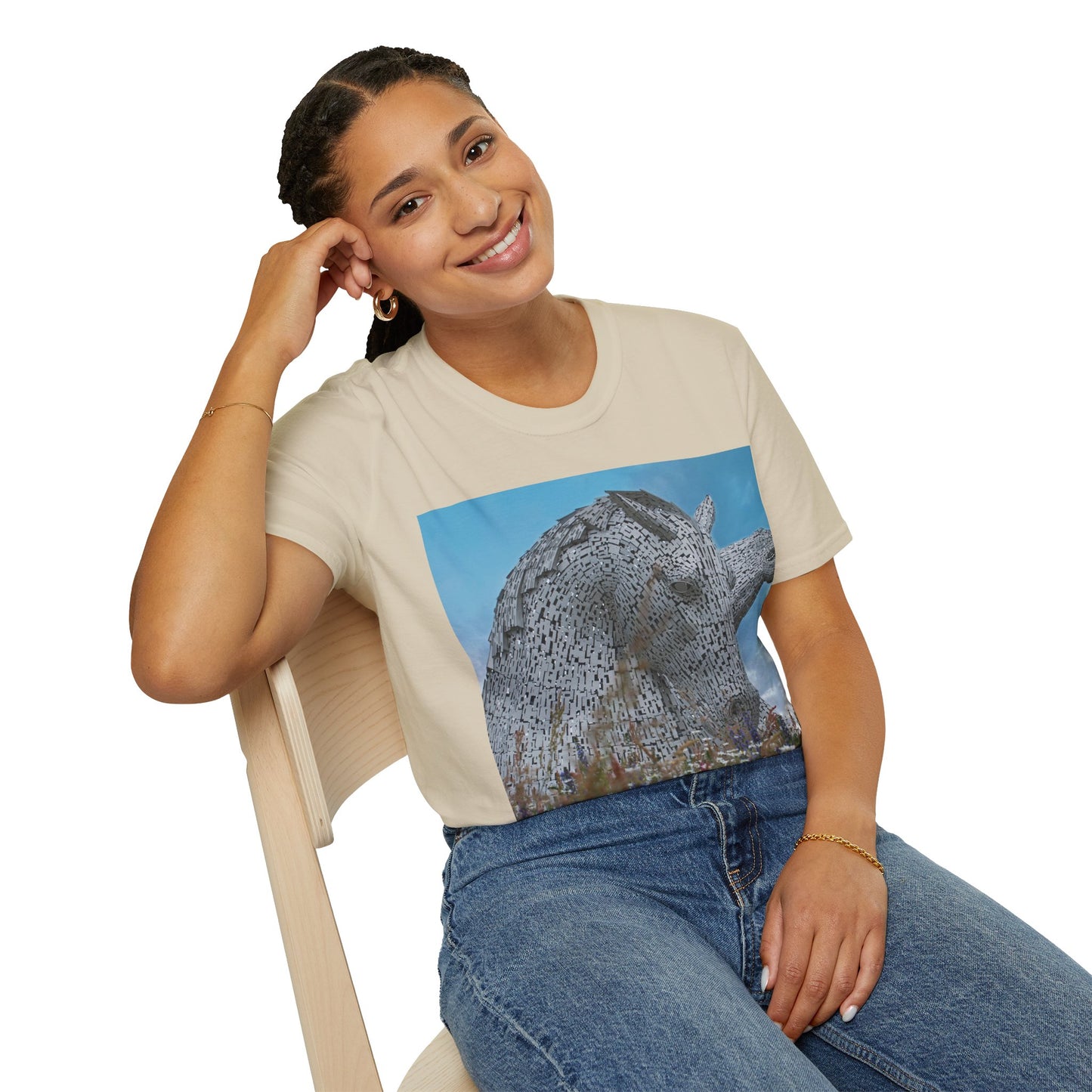 تي شيرت Kelpies with Meadow Photo Softstyle، تي شيرت للجنسين، معالم اسكتلندية، ألوان مختلفة