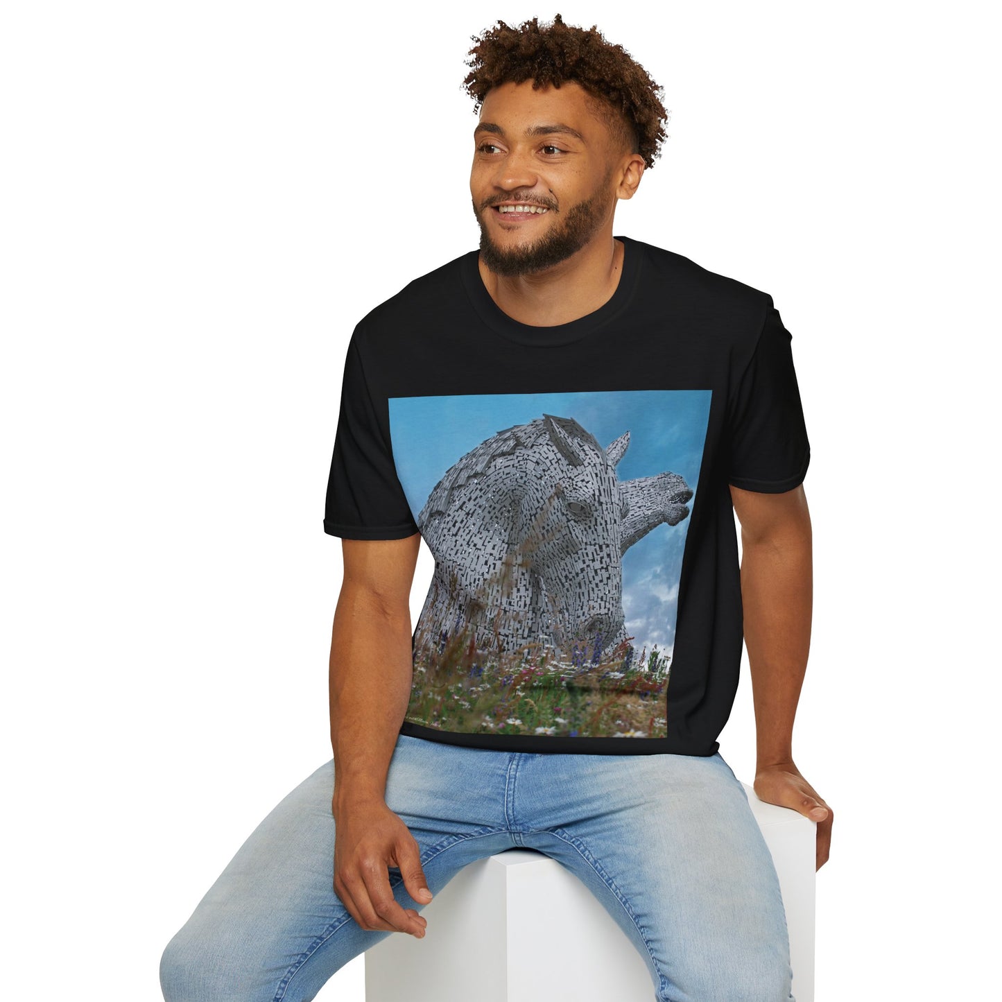 تي شيرت Kelpies with Meadow Photo Softstyle، تي شيرت للجنسين، معالم اسكتلندية، ألوان مختلفة