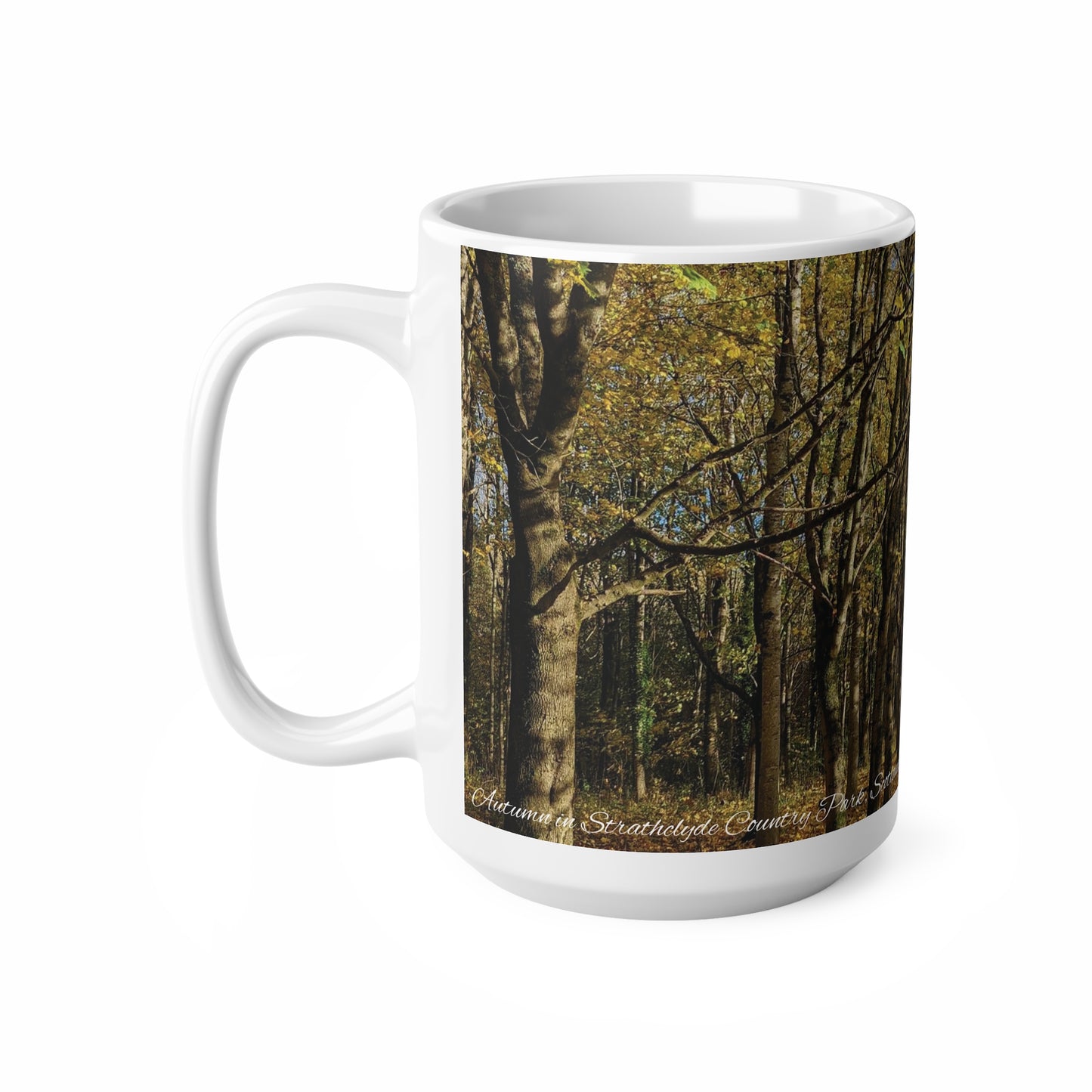 Automne en Écosse Photo Mug, Tasse à café, Tasse à thé, Art écossais, Parcs écossais, Strathclyde Country Park, Nature, Blanc