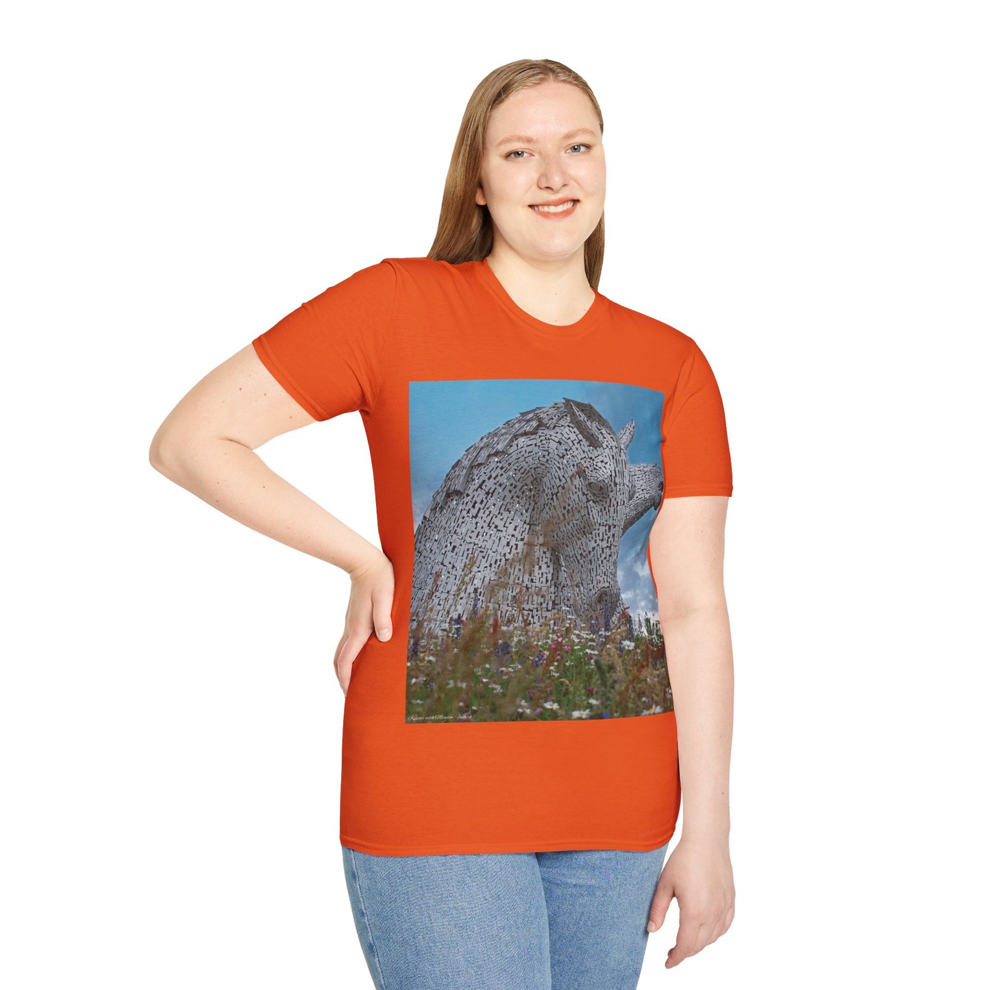 تي شيرت Kelpies with Meadow Photo Softstyle، تي شيرت للجنسين، معالم اسكتلندية، ألوان مختلفة