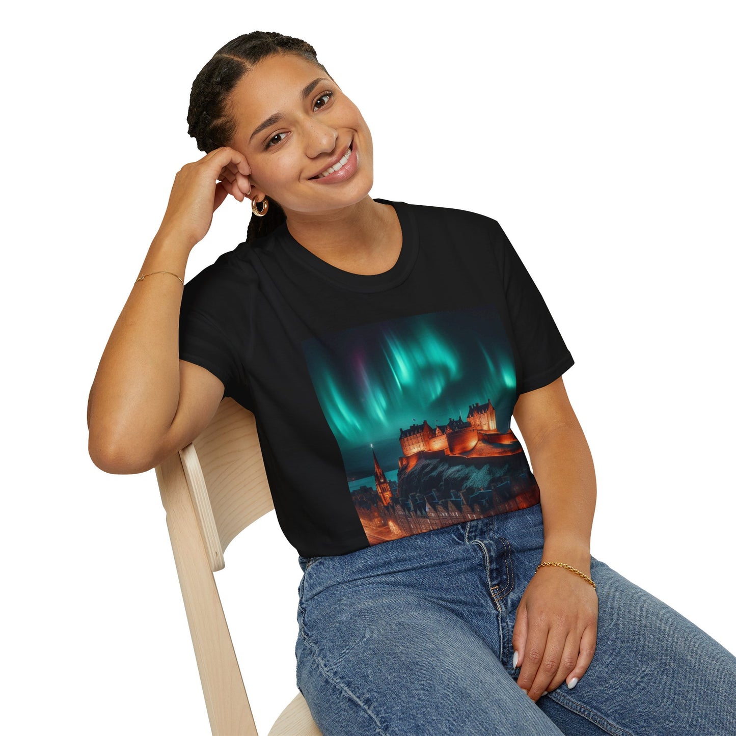 Edinburgh Castle with Northern Lights Softstyle Unisex T-Shirt, Scotland Tee