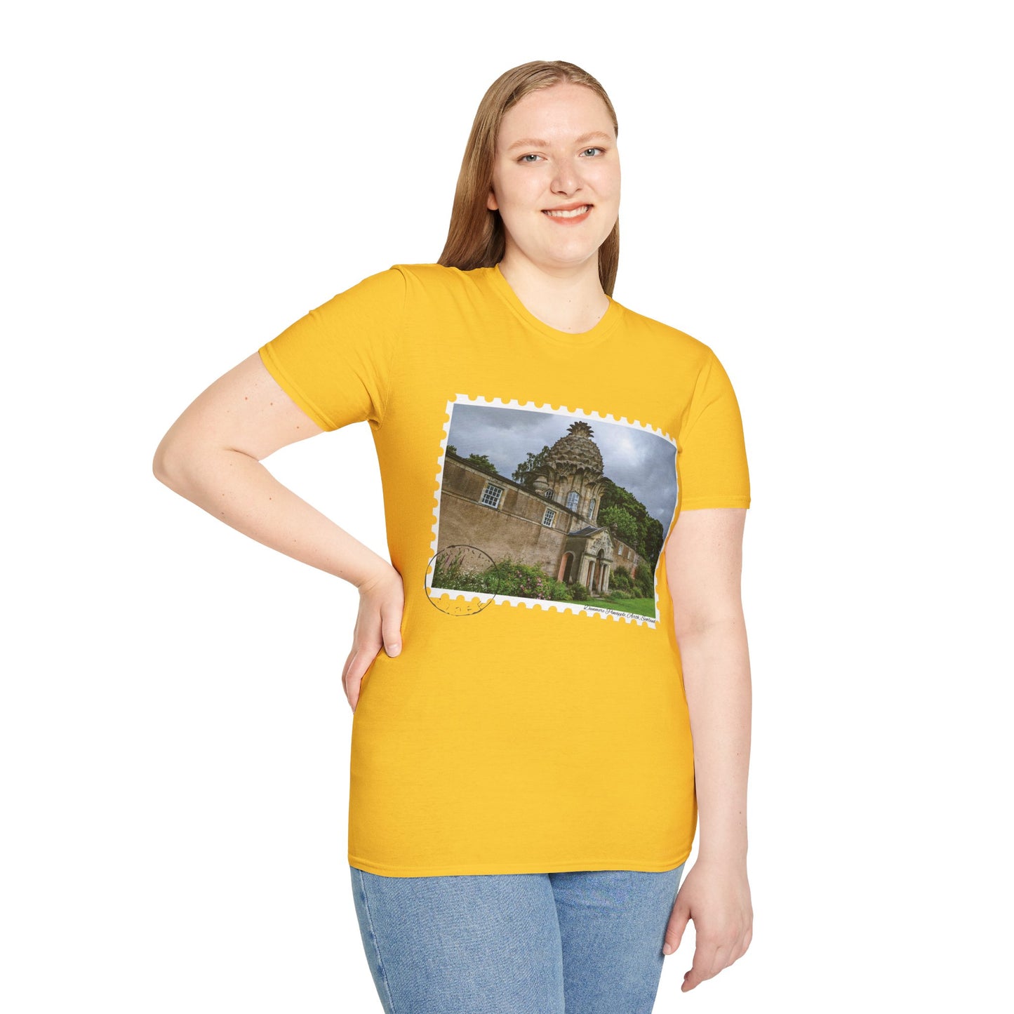 تي شيرت Postcard Dunmore Pineapple Photo Softstyle، تي شيرت للجنسين، قميص اسكتلندا، ألوان مختلفة