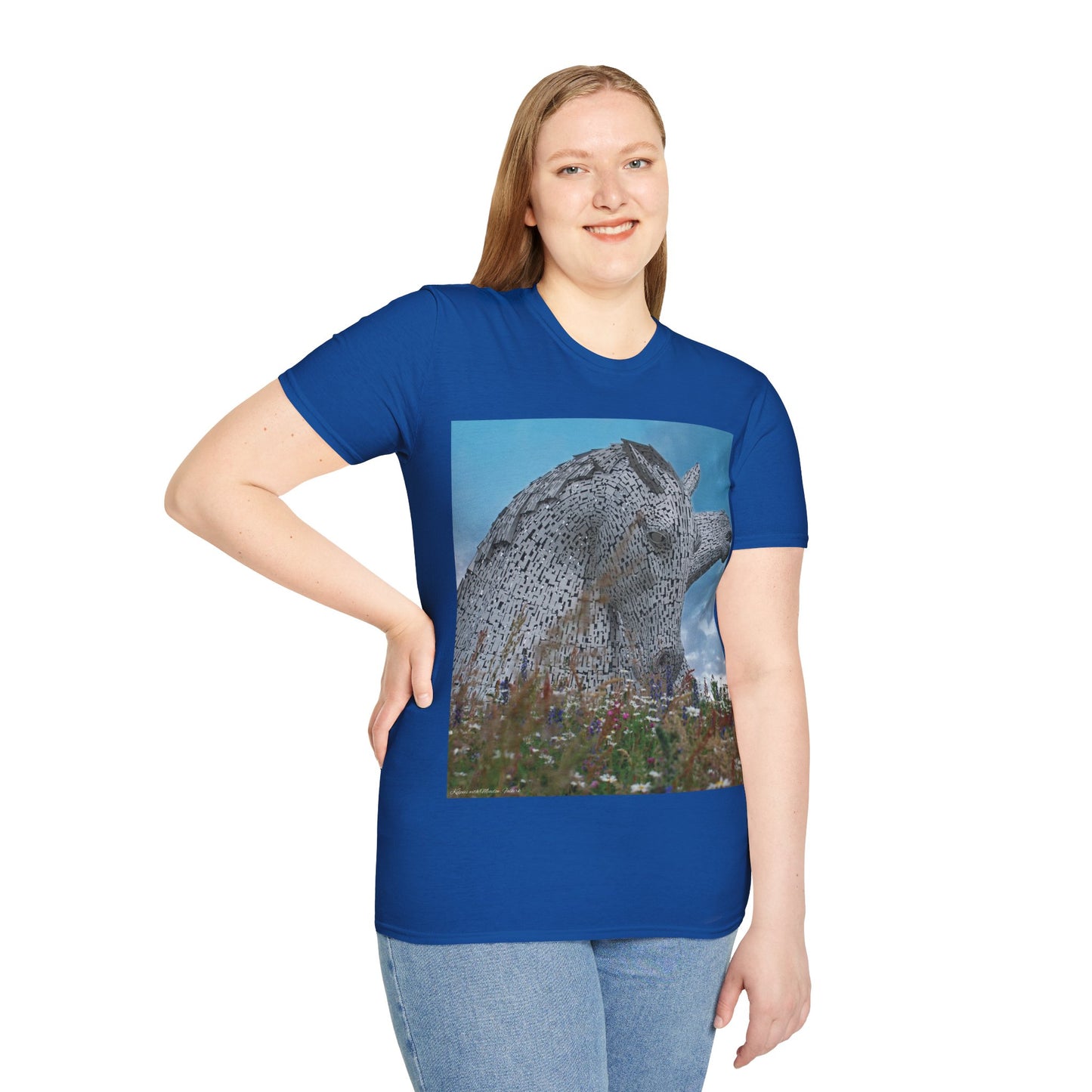 تي شيرت Kelpies with Meadow Photo Softstyle، تي شيرت للجنسين، معالم اسكتلندية، ألوان مختلفة