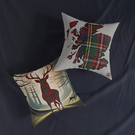 Coussin Carré Réversible : Carte Cerf / Ecosse - Stewart Royal Tartan, Différentes Tailles