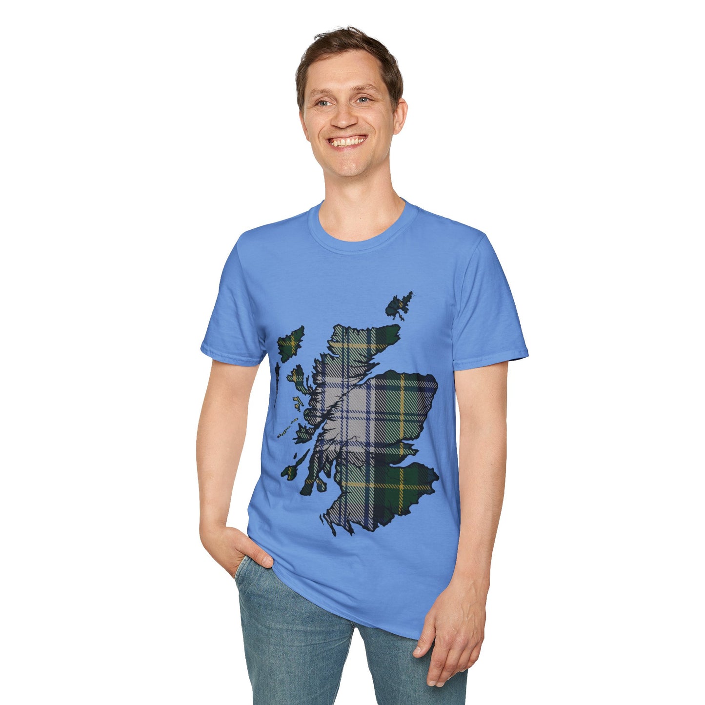 Scotland Tartan Map Softstyle Unisex T-Shirt, Gordon Dress Tartan, Various Colours