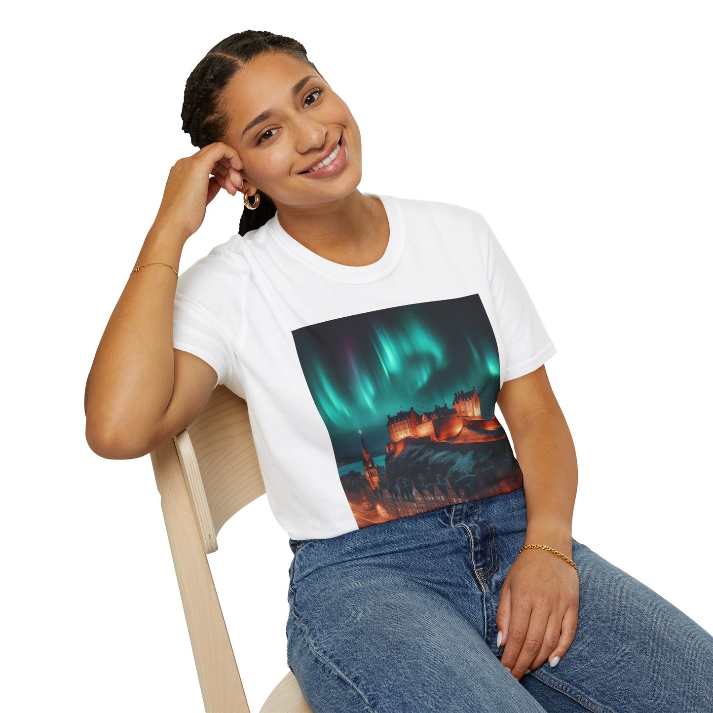 Edinburgh Castle with Northern Lights Softstyle Unisex T-Shirt, Scotland Tee