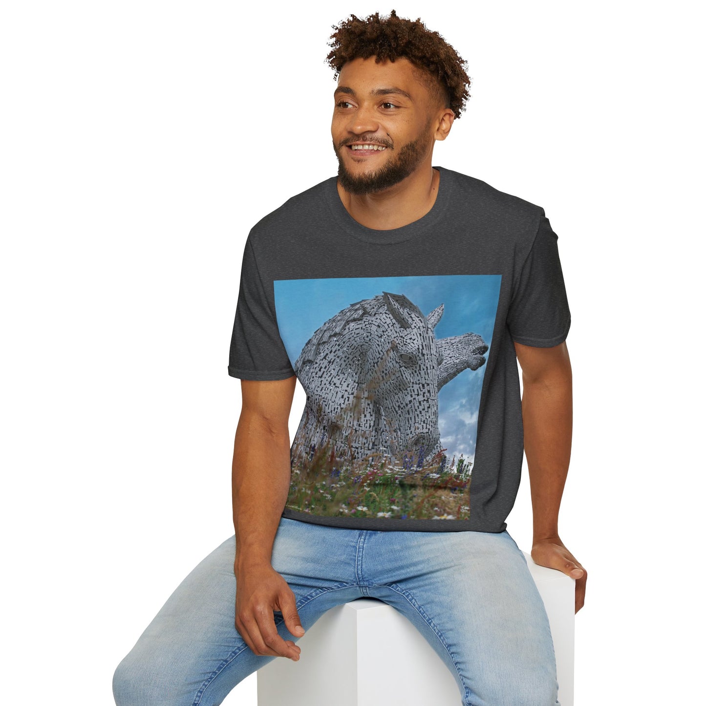 تي شيرت Kelpies with Meadow Photo Softstyle، تي شيرت للجنسين، معالم اسكتلندية، ألوان مختلفة